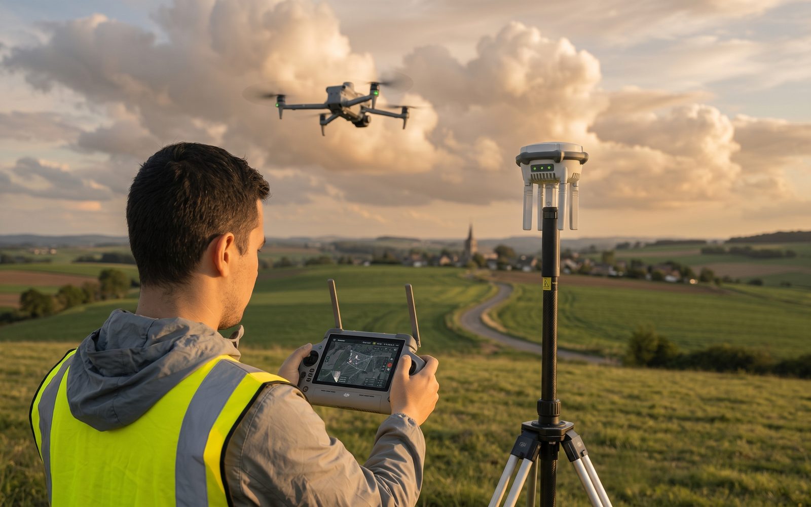 Técnico pilotando un dron junto a una antena GNSS en el campo